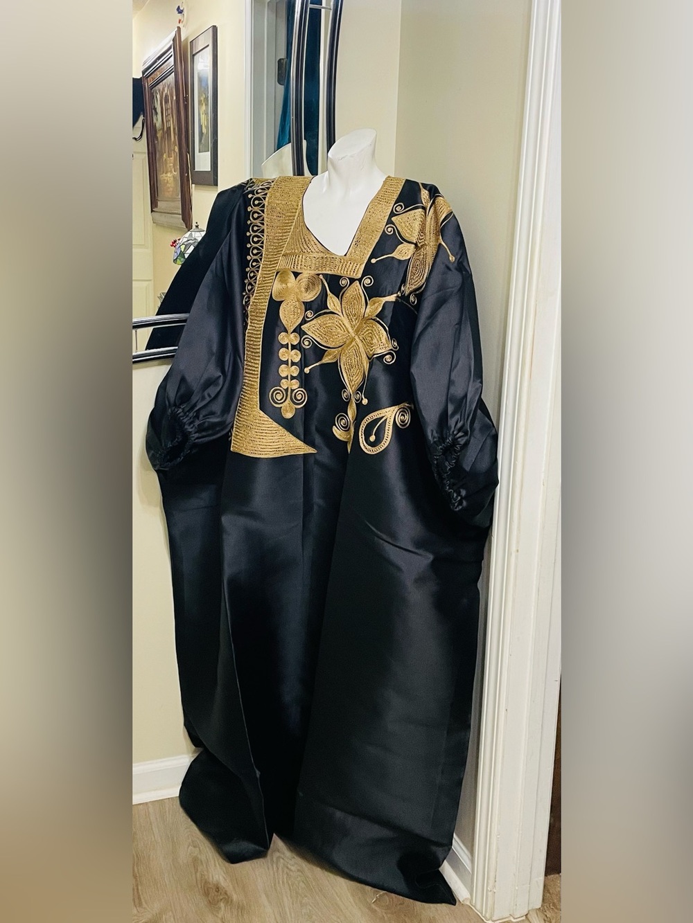 Black Satin Caftan with Gold Embroidery